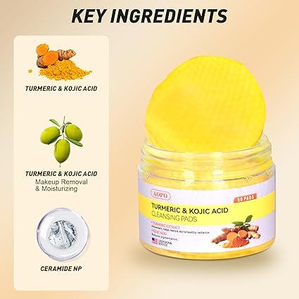 Kojic Acid and Turmeric Cleansing Pads, 50 Pcs, for Face Cleansing and Exfoliation