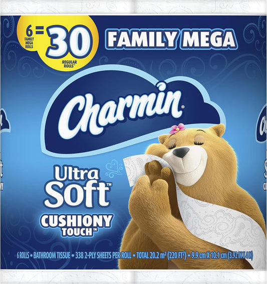 Charmin Ultra Soft Cushiony Touch Toilet Paper, 6 Family Mega Rolls = 30 Regular Rolls (Prime Pantry)